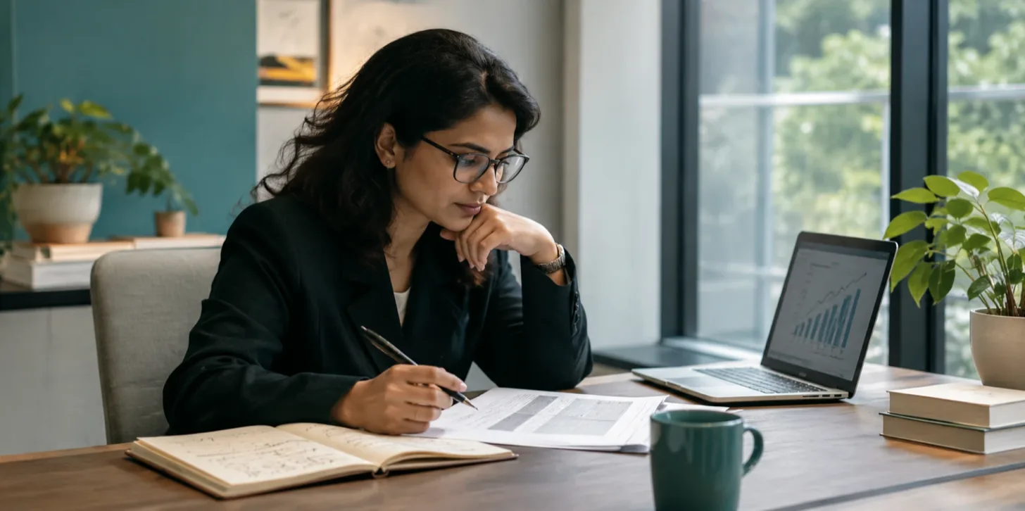 A consultant reviewing a student's application documents at her desk