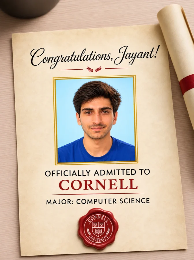Congratulations certificate: Jayant, officially admitted to Cornell, major Computer Science